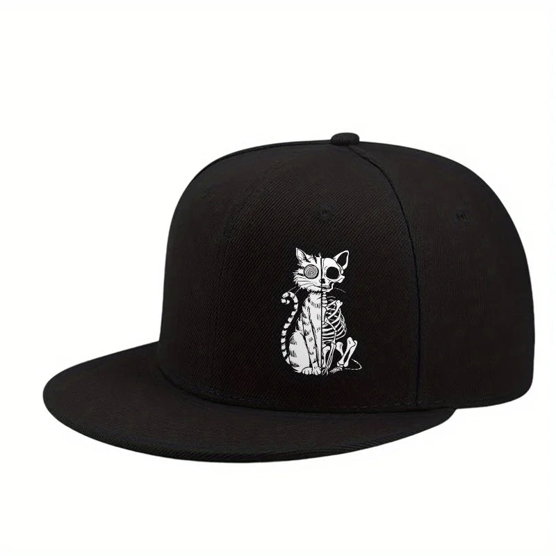 Skeleton Cat Print Hip Hop Snapback Cap