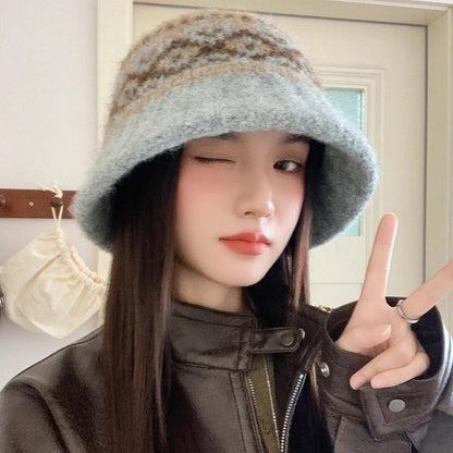 Winter Warm Wool Knitted Retro Women Bucket Hat
