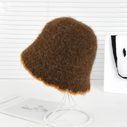 Autumn Winter Knitted Plush Warm Bucket Hat for Women