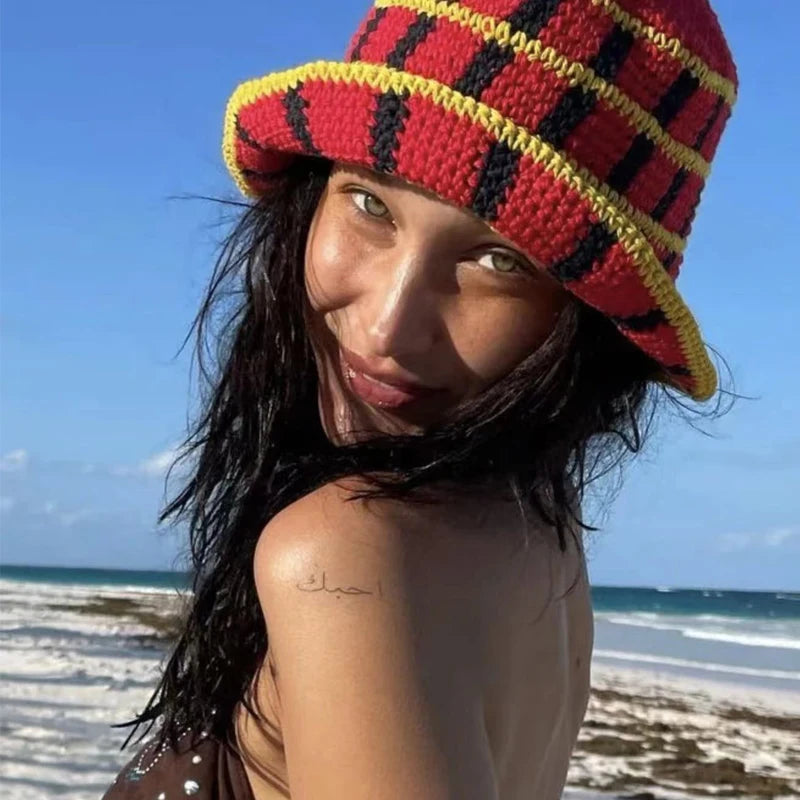 Japanese Korean Color Contrast Plaid Bucket Hat