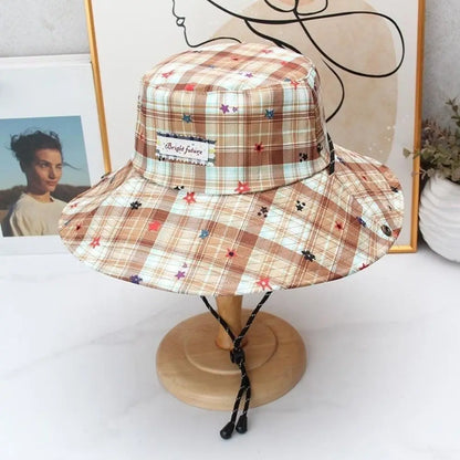 Portable Plaid Wide Brim Adjustable Sun Protection Bucket Hat