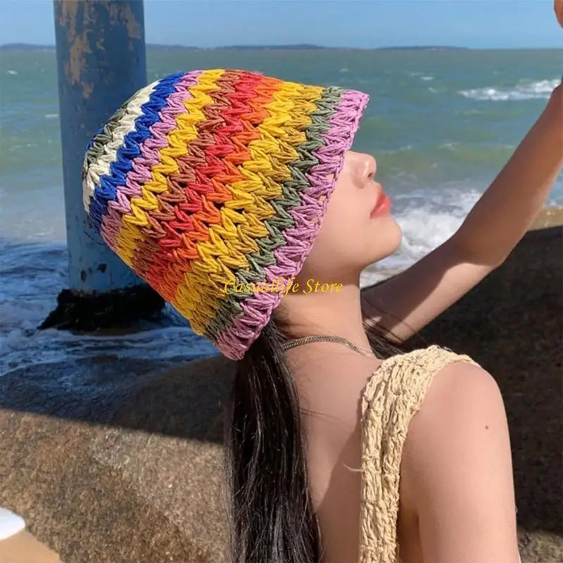 Summer Rainbow Color Crochet Sunshade Bucket Hat