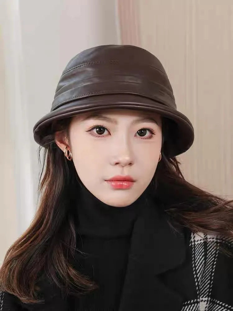 Black Genuine Leather Streetwear Bucket Hat