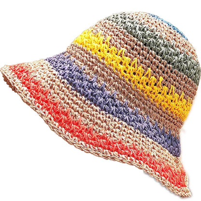 Rainbow Crochet Straw Summer Bucket Hat