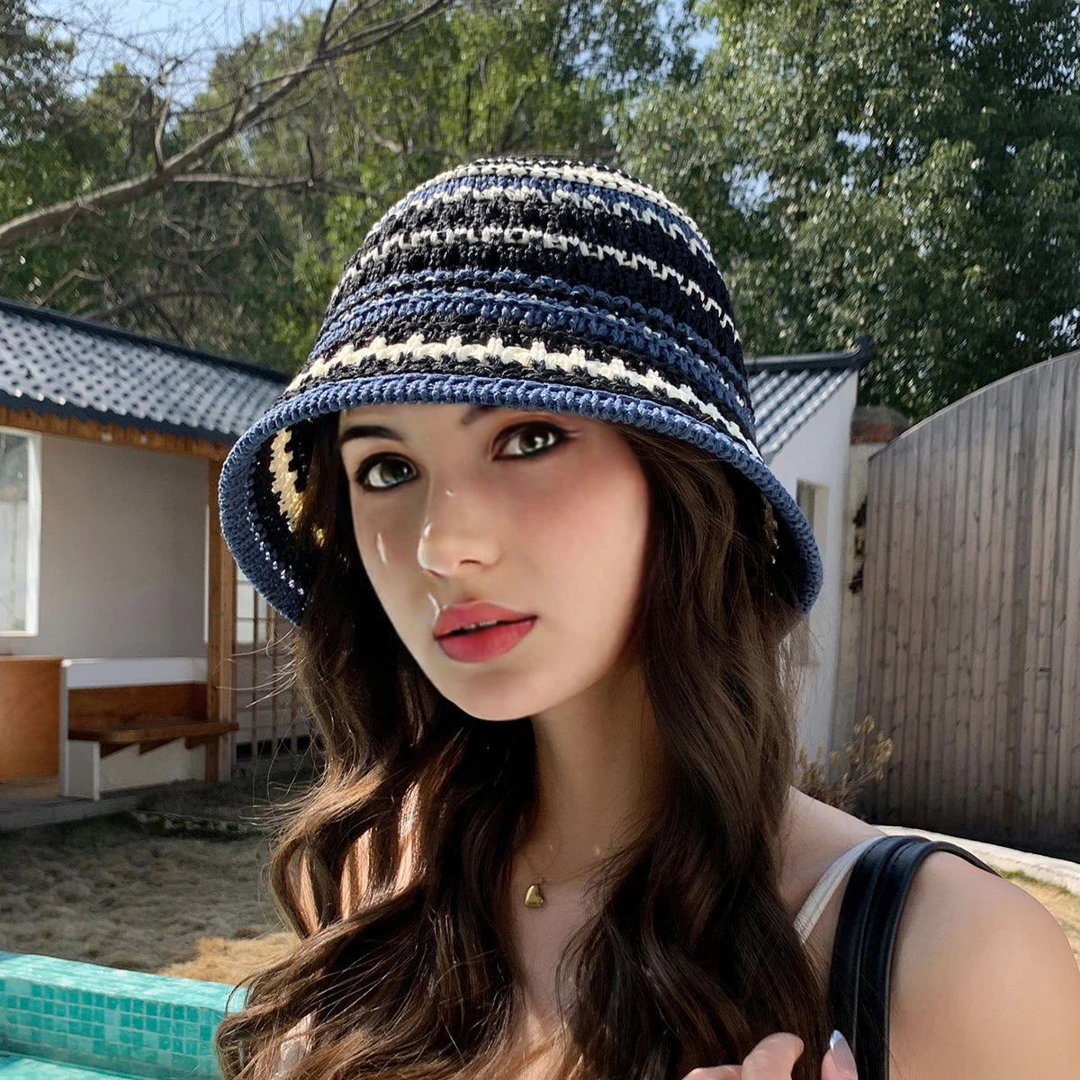 Womens Colorful Striped Knitted Travel Bucket Hat