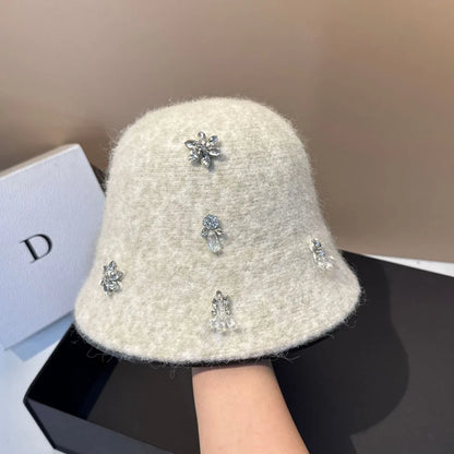 Korean Woolen Winter Bucket Hat with Rhinestone
