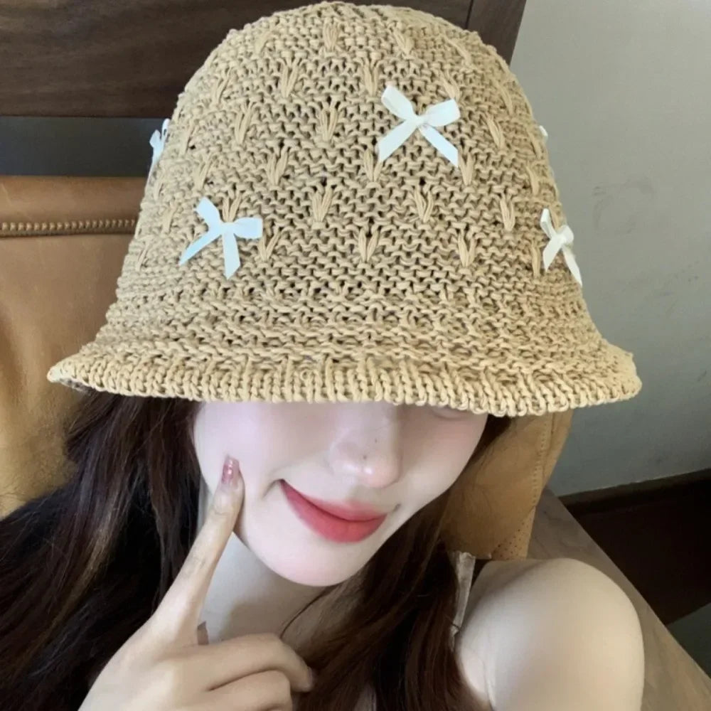 Mini Bow Korean Straw Beach Bucket Hat