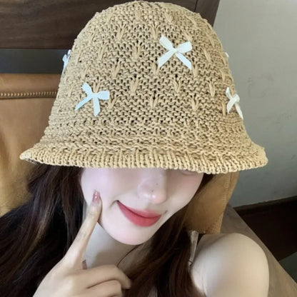 Mini Bow Korean Straw Beach Bucket Hat