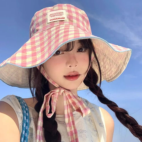 Double-Sided Plaid Lace-Up Bucket Hat Women