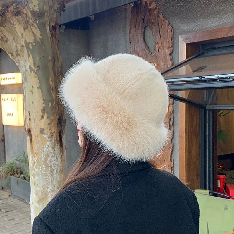 Designer Faux Fur Winter Bucket Hat Women Plush Fisherman Cap