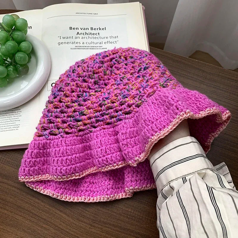 Dopamine Contrast Color Knitted Breathable Women Bucket Hat
