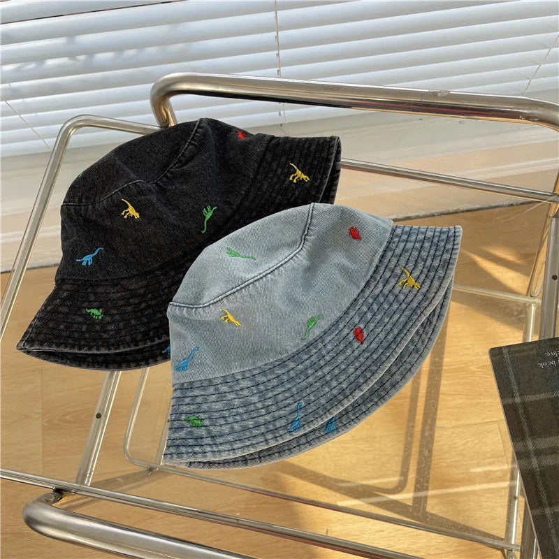 Denim Summer Cartoon Dinosaur Embroidery Bucket Hat