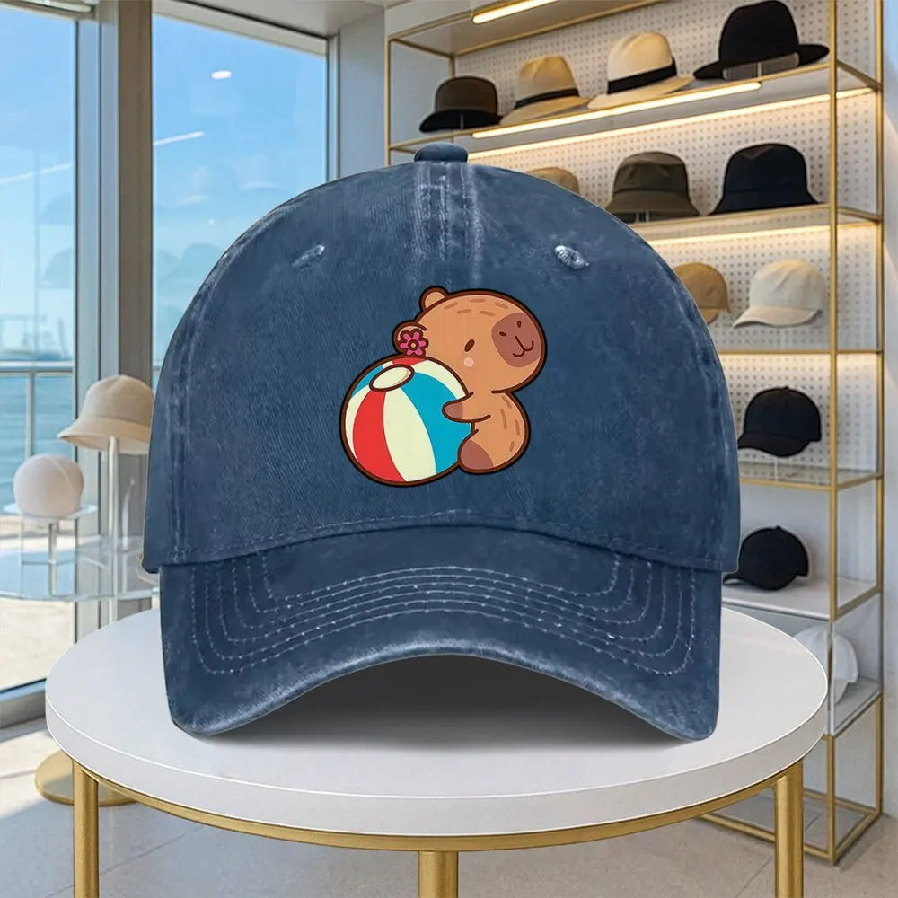 Capybara Beach Ball Washed Denim Baseball Cap