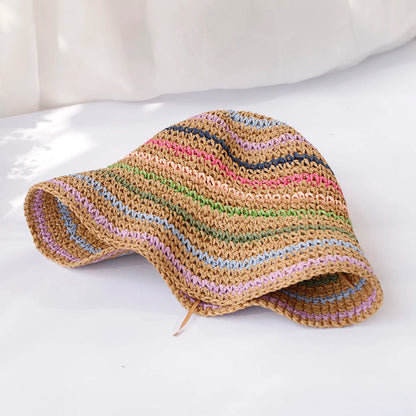 Women Rainbow Straw Crochet Sun Bucket Hat