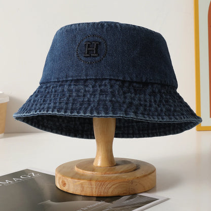 Korean Retro Letter Embroidered Denim Bucket Hat