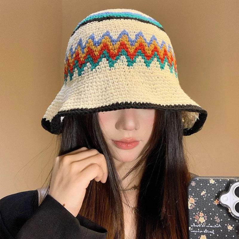 Korean Color Matching Handwoven Wide Brim Knitted Bucket Hat