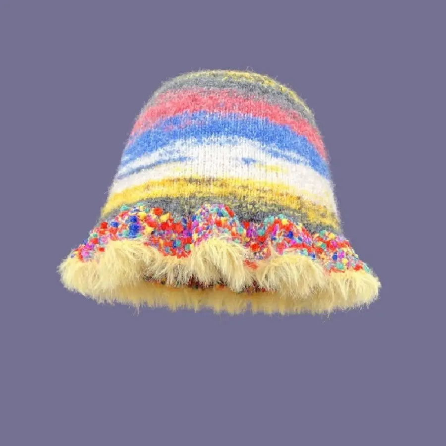 Rainbow Stripe Ruffle Edge Knitted Bucket Hat