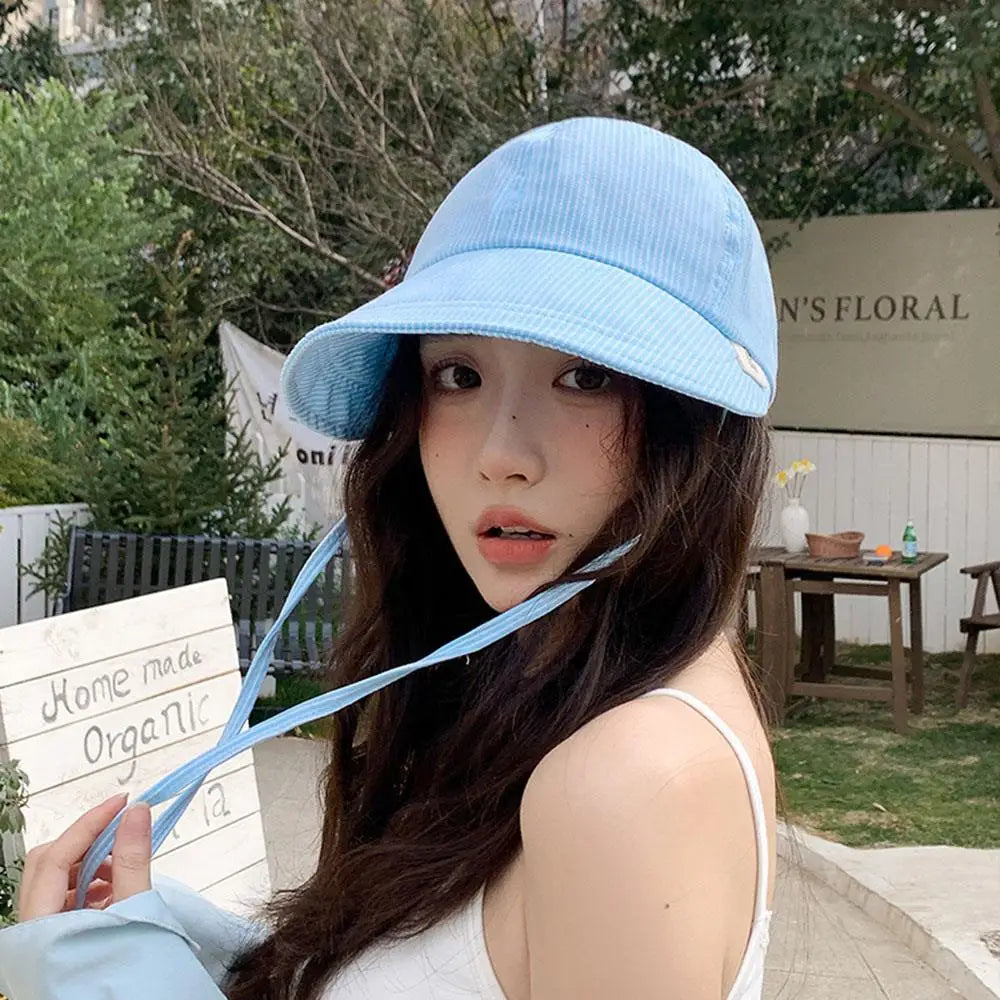 Women Korean Stripe Wide Brim Bucket Hat