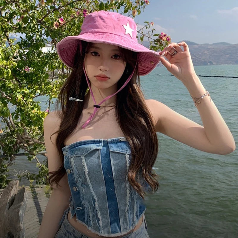 Pink Star Print Retro Korean Denim Bucket Hat