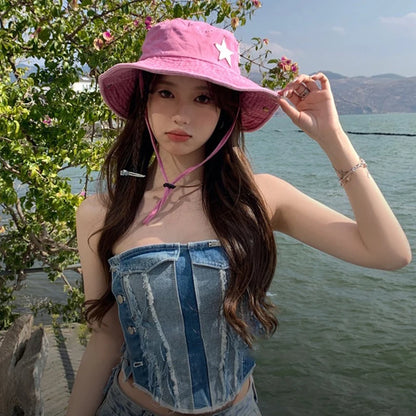 Pink Star Print Retro Korean Denim Bucket Hat