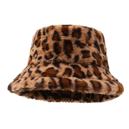Leopard Print Plush Winter Fisherman Bucket Hat
