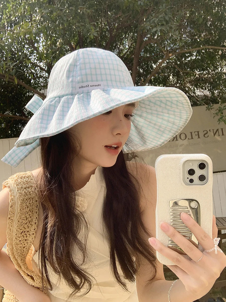 Japanese Plaid Knot Wide Brim Summer Bucket Hat
