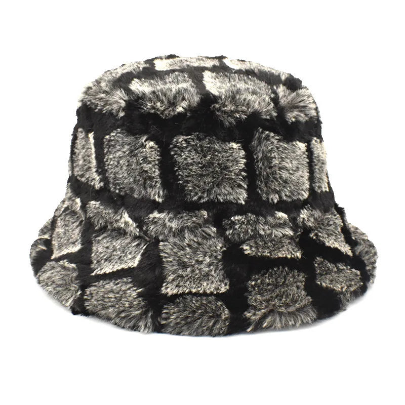 Unisex Plush Checkered Winter Bucket Hat