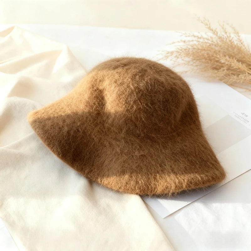 Korean Angora Rabbit Fur Winter Bucket Hat