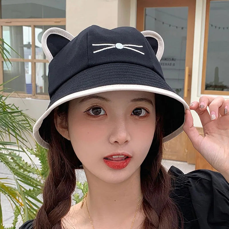 Kawaii Cat Ear Cotton Bucket Hat – Unisex Y2K Summer Cap