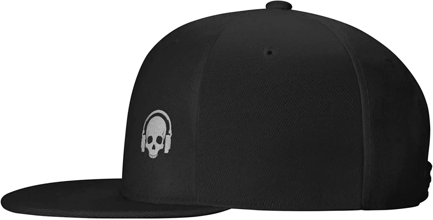 Skull Earphone Black Flat Bill Snapback Cap