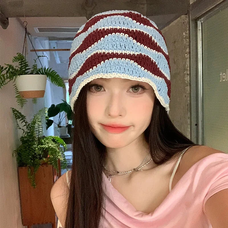 Handmade Knitted Striped Crochet Outdoor Bucket Hat