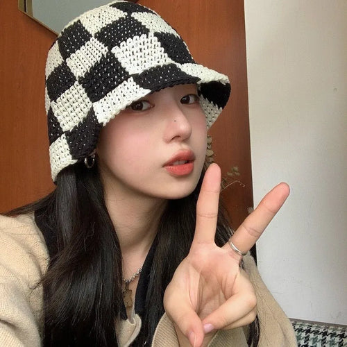 Korean Handmade Crochet Plaid Fisherman Bucket Hat
