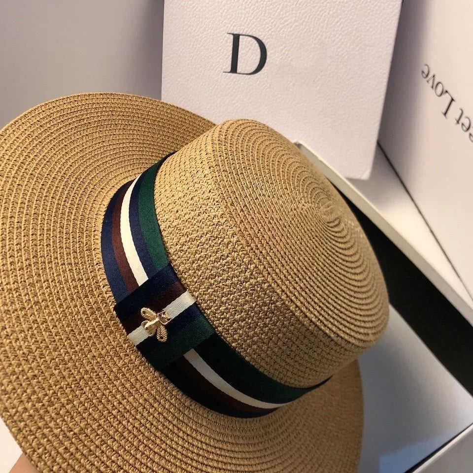Striped Bee Embroidery Wide Brim Bucket Hat