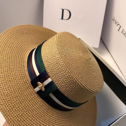 Striped Bee Embroidery Wide Brim Bucket Hat