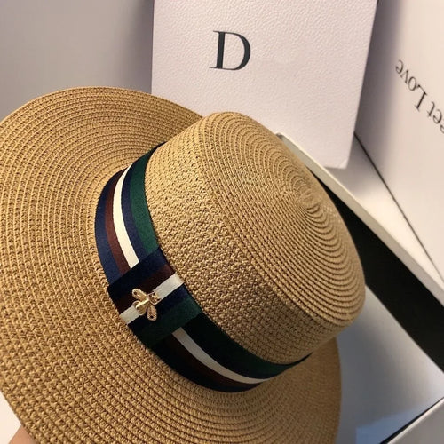 Striped Bee Embroidery Wide Brim Bucket Hat