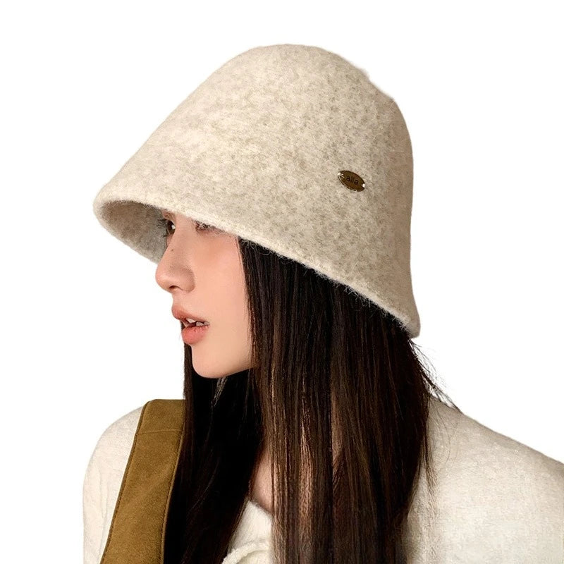 Winter Wool Solid Bucket Hat for Women