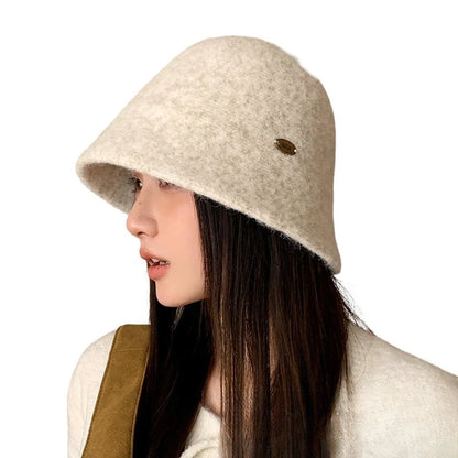 Winter Wool Solid Bucket Hat for Women