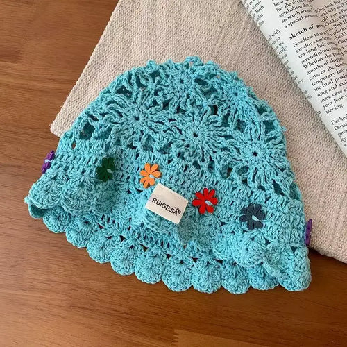 Korean Handmade Flower Hollow Knitted Bucket Hat