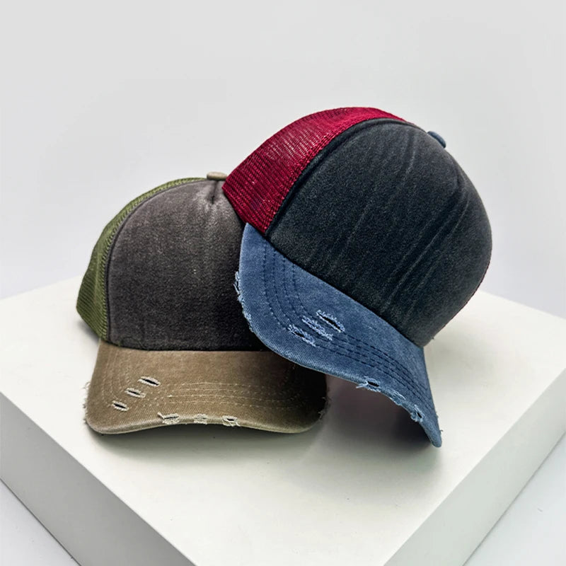 Color Block Distressed Mesh Trucker Baseball Cap