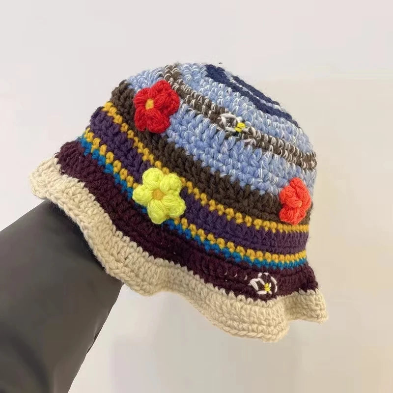 Korean Retro Flower Crochet Knitted Hollow Bucket Hat