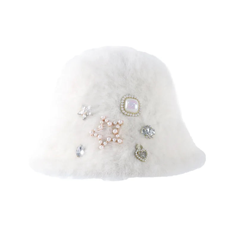Rhinestone Sequined Rabbit Fur Knit Bucket Hat