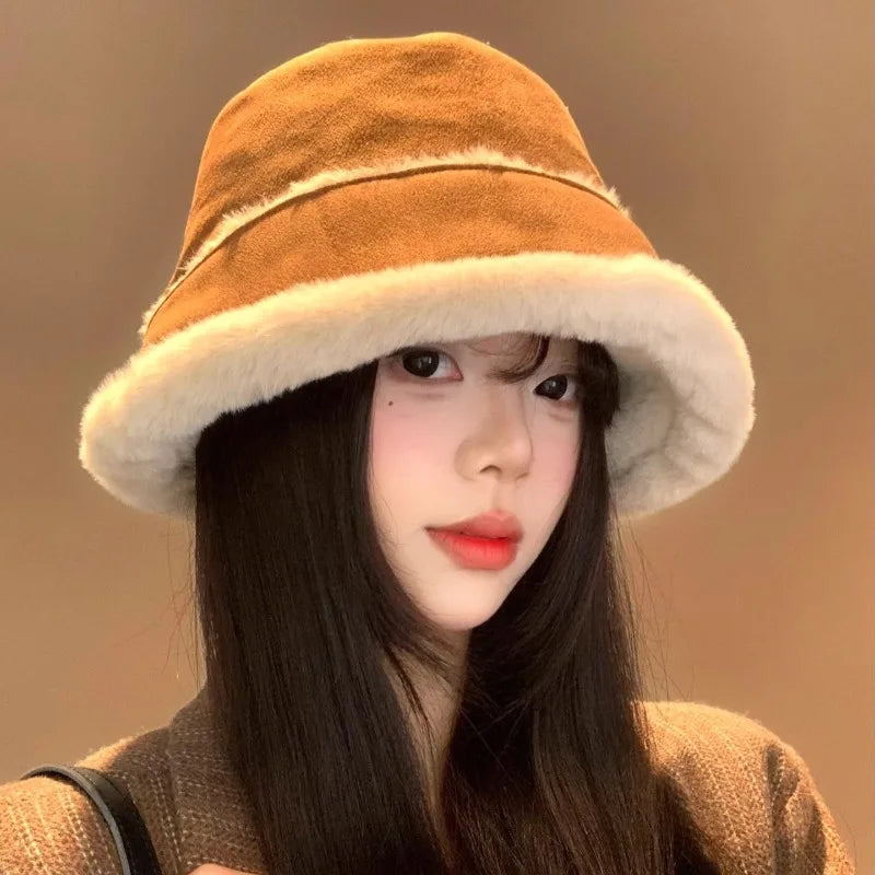 Retro Suede Plush Winter Bucket Hat