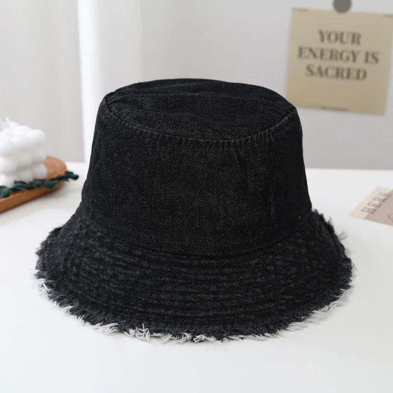 Vintage Fringed Denim Washable Bucket Hat