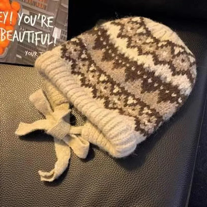 Fair Isle Lace Up Earflap Knit Bucket Hat