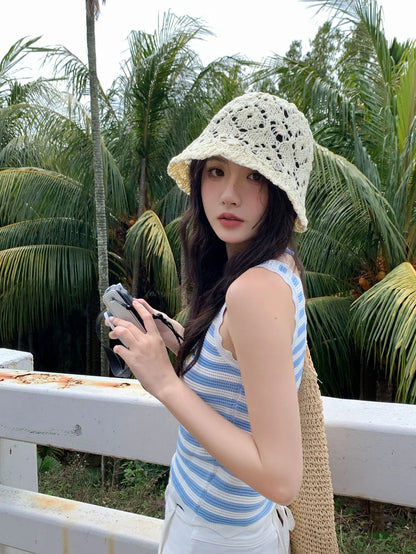 Cute Beige Hollow Knit Crochet Bucket Hat