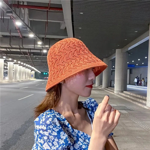 Summer Women Breathable Wide Brim Straw Bucket Hat