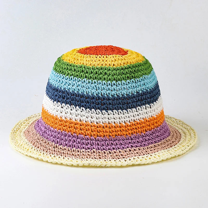 Summer Rainbow Striped Crochet Foldable Bucket Hat
