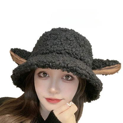 Vintage Winter Sheep Ear Plush Bucket Hat Women Warm Fisherman Cap