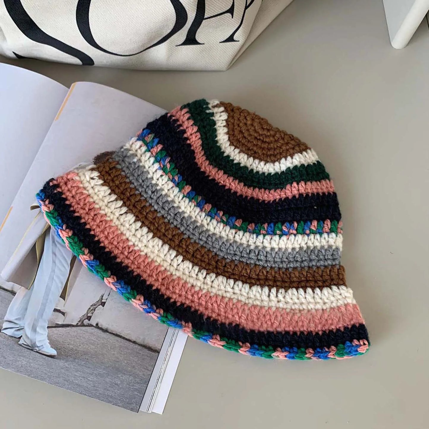 Womens Color Striped Knit Fisherman Bucket Hat