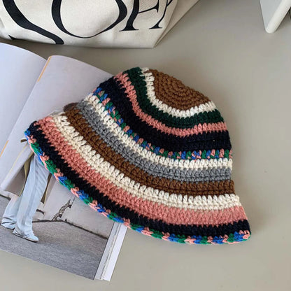 Womens Color Striped Knit Fisherman Bucket Hat